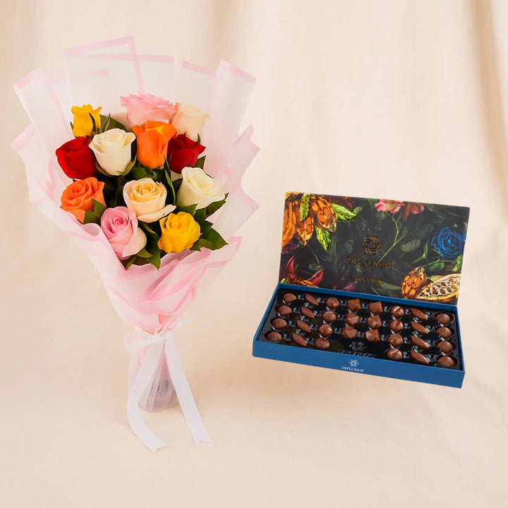 Diplomat Caramel Chocolate Box n Colorful Rose Bouquet