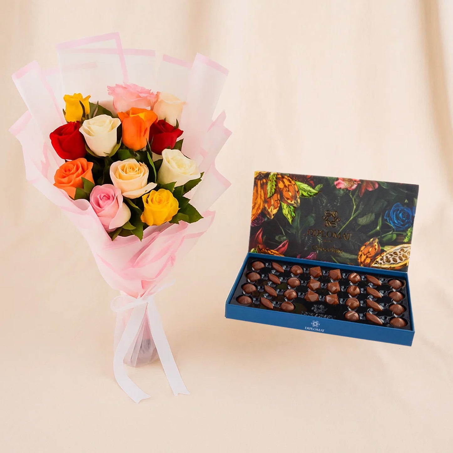 Diplomat Caramel Chocolate Box n Colorful Rose Bouquet