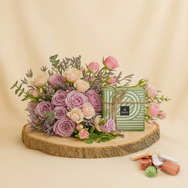 باقة ورد بنفسجي مع شوكولاتة باتشي