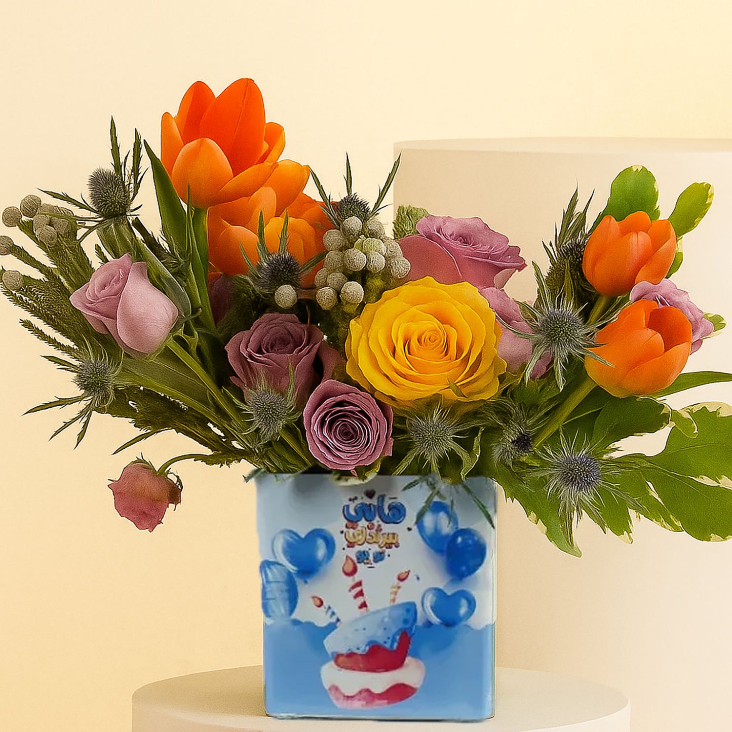 Happy Birthday Flower Vase With Mug n Cushion