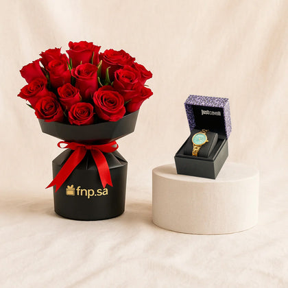 JUST CAVALLI | Yellow Gold Turquoise Women Watch n Flower Bouquet