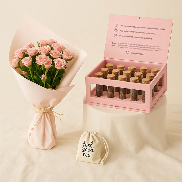 Pink Spray Rose Bouquet n Feel Good Tea Box