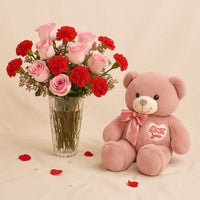 Raqia | 21 Red n Pink Flower Vase With Teddy Bear 