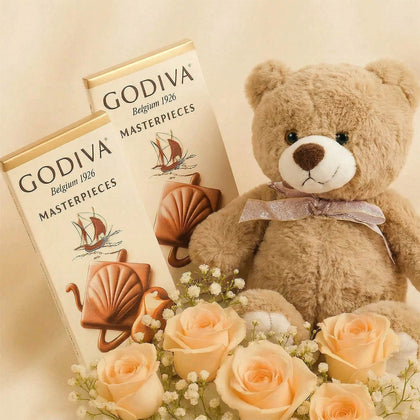 Godiva Chocolate Rose Basket n Teddy Bear