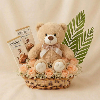 Godiva Chocolate Rose Basket n Teddy Bear