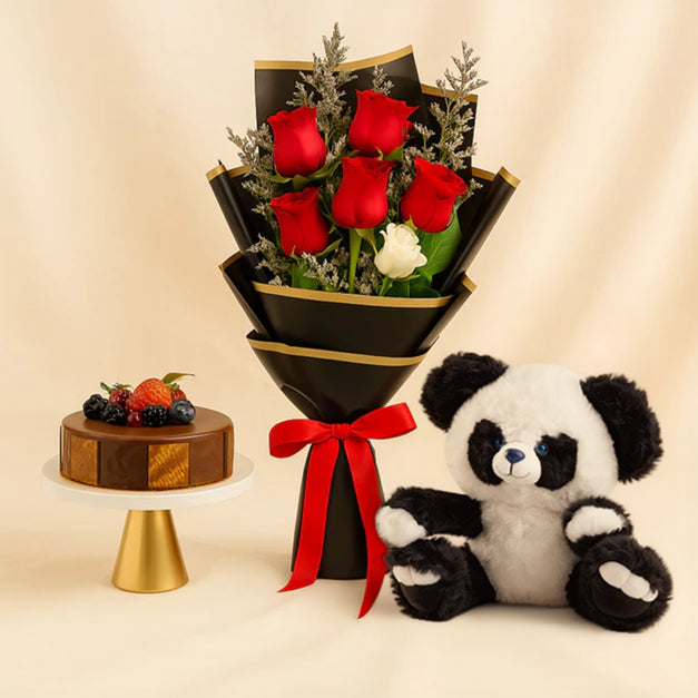 Chocolate Cake with Teddy n Flower Bouquet