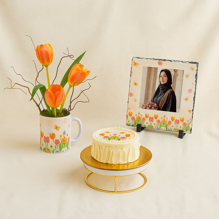 كومبو التوليب | ورد و كيك صغير مع إطار