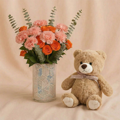 Rose & Carnation Flower Vase n Teddy Bear