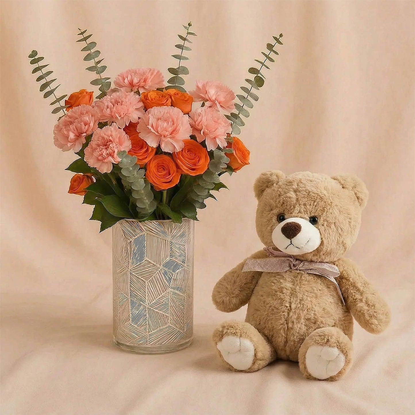 Rose & Carnation Flower Vase n Teddy Bear