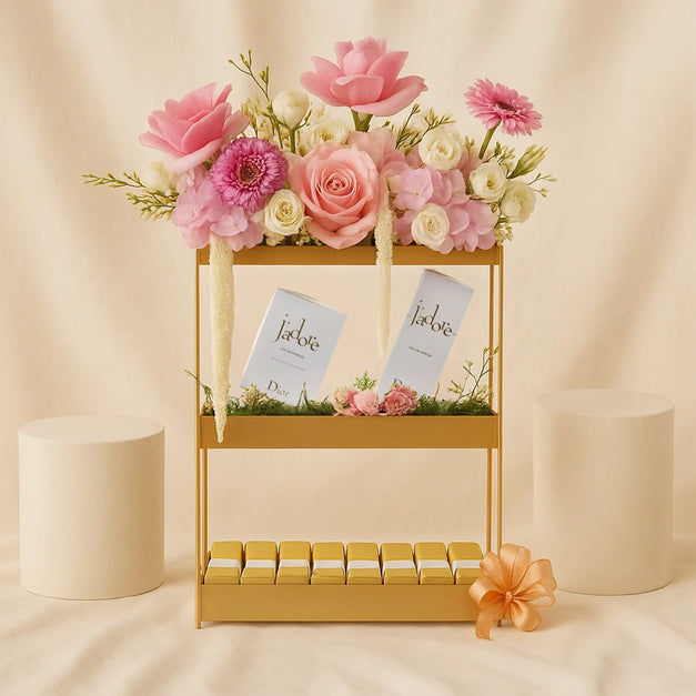 Luxurious Floral Stand with Dior Collection & Chocolates Combo