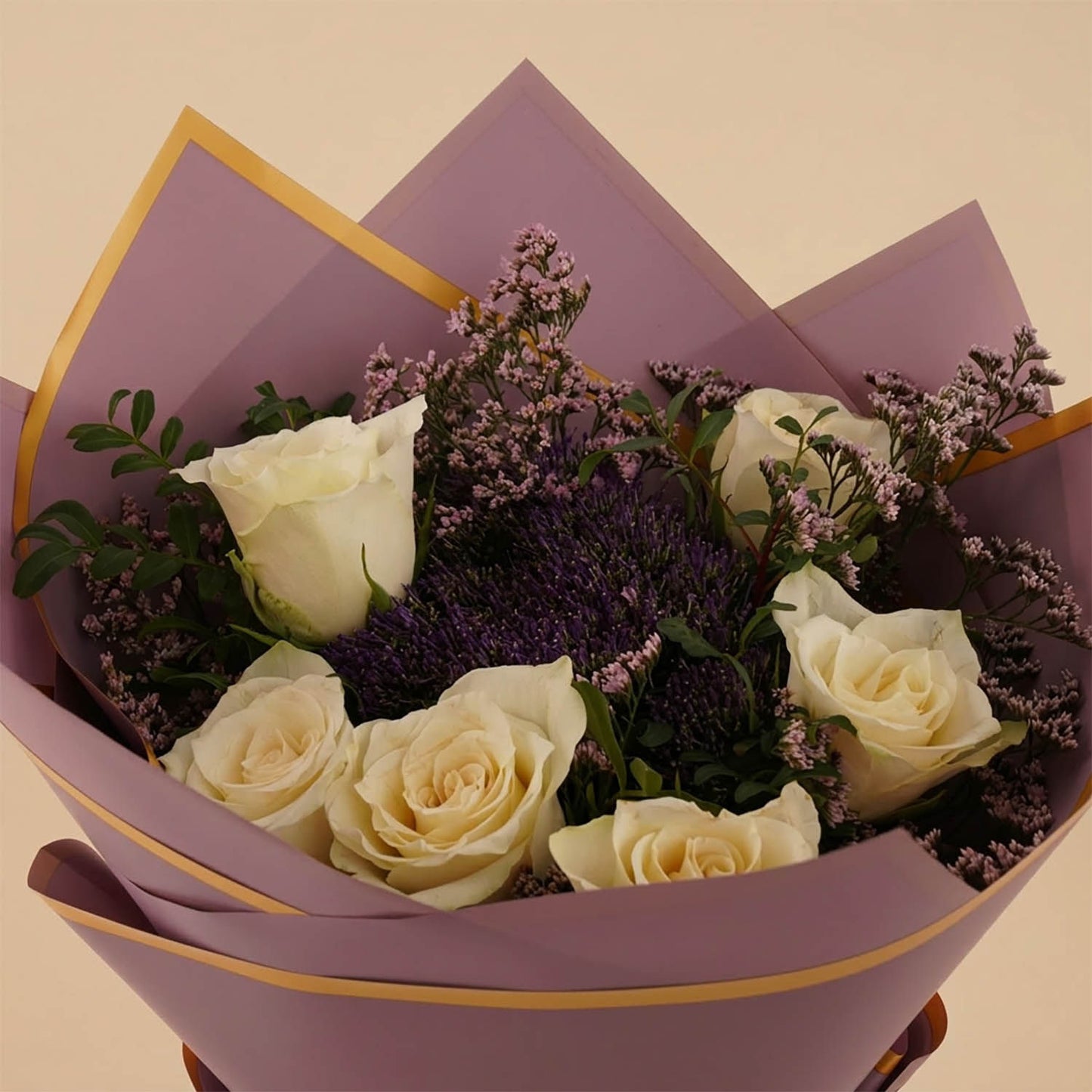 Purple Touch White Roses Bouquet