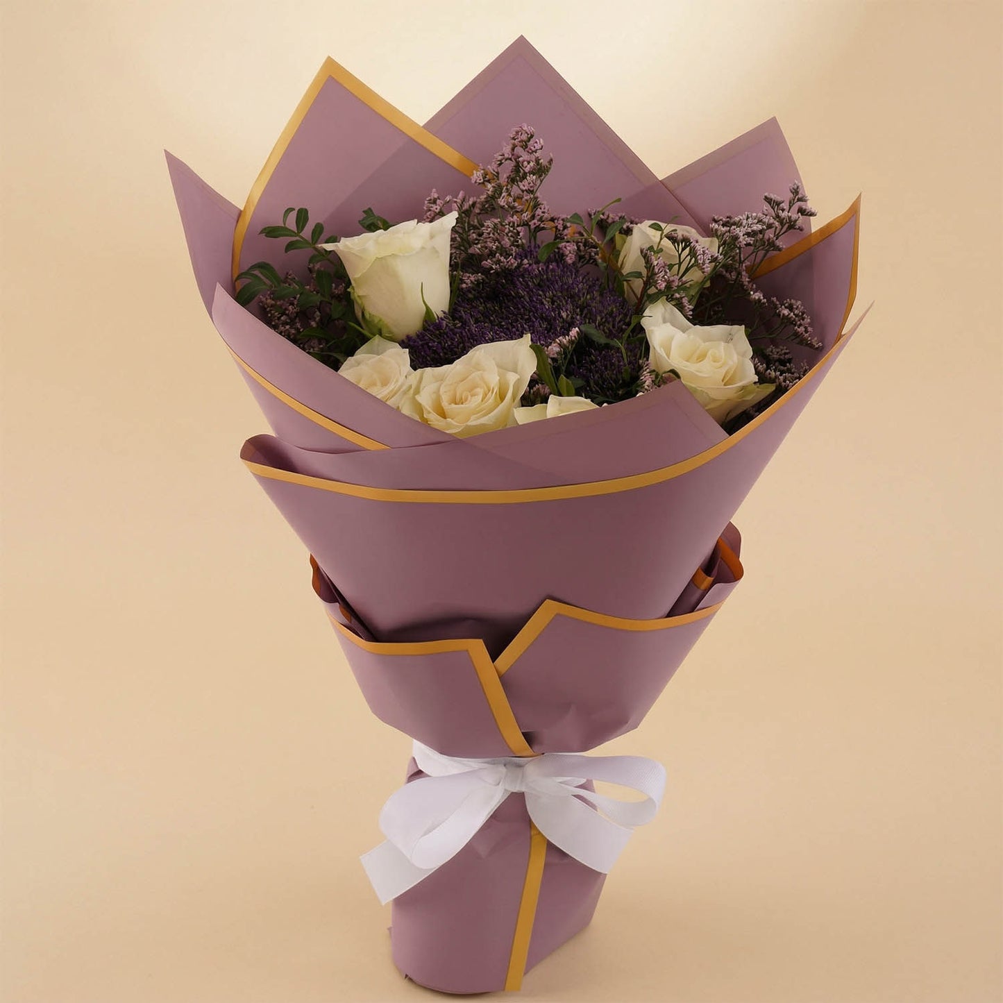 Purple Touch White Roses Bouquet