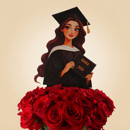 تنسيق تخرج ورد وبالونات مع شوكولاتة بوستاني