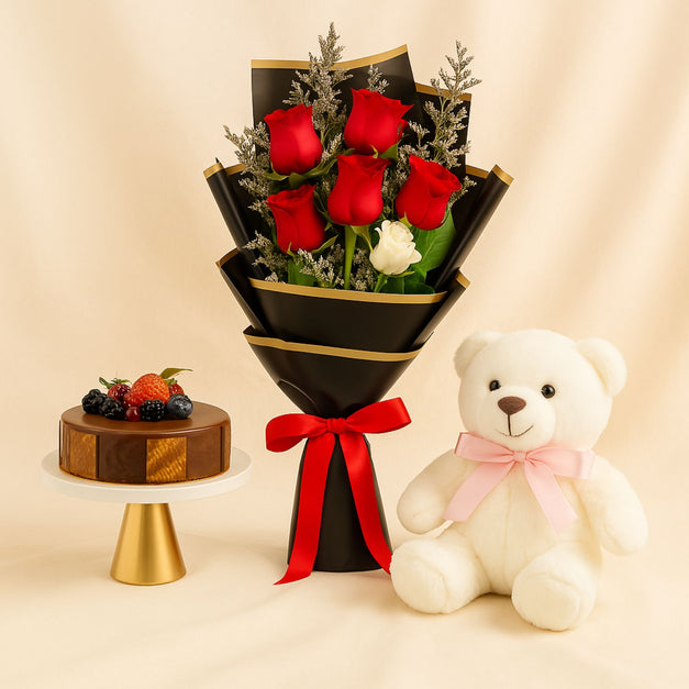 طقم هدايا رومانسي | ورد و كيك و دبدوب