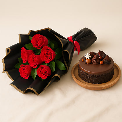 Chocolate Cake n Bunch of 6 Red Roses