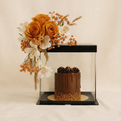 كيك شوكولاته فاخر مع باقة ورد بني