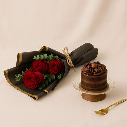 Chocolate Mini Cake n Red Rose Flower Bouquet