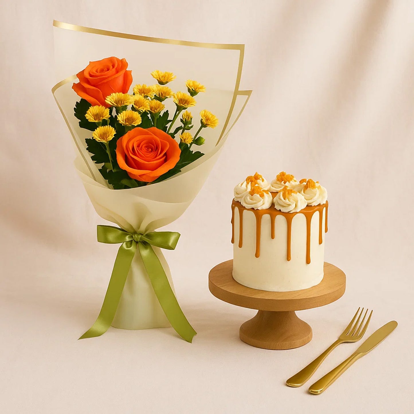 طقم هدايا كيك كراميل و باقة ورد