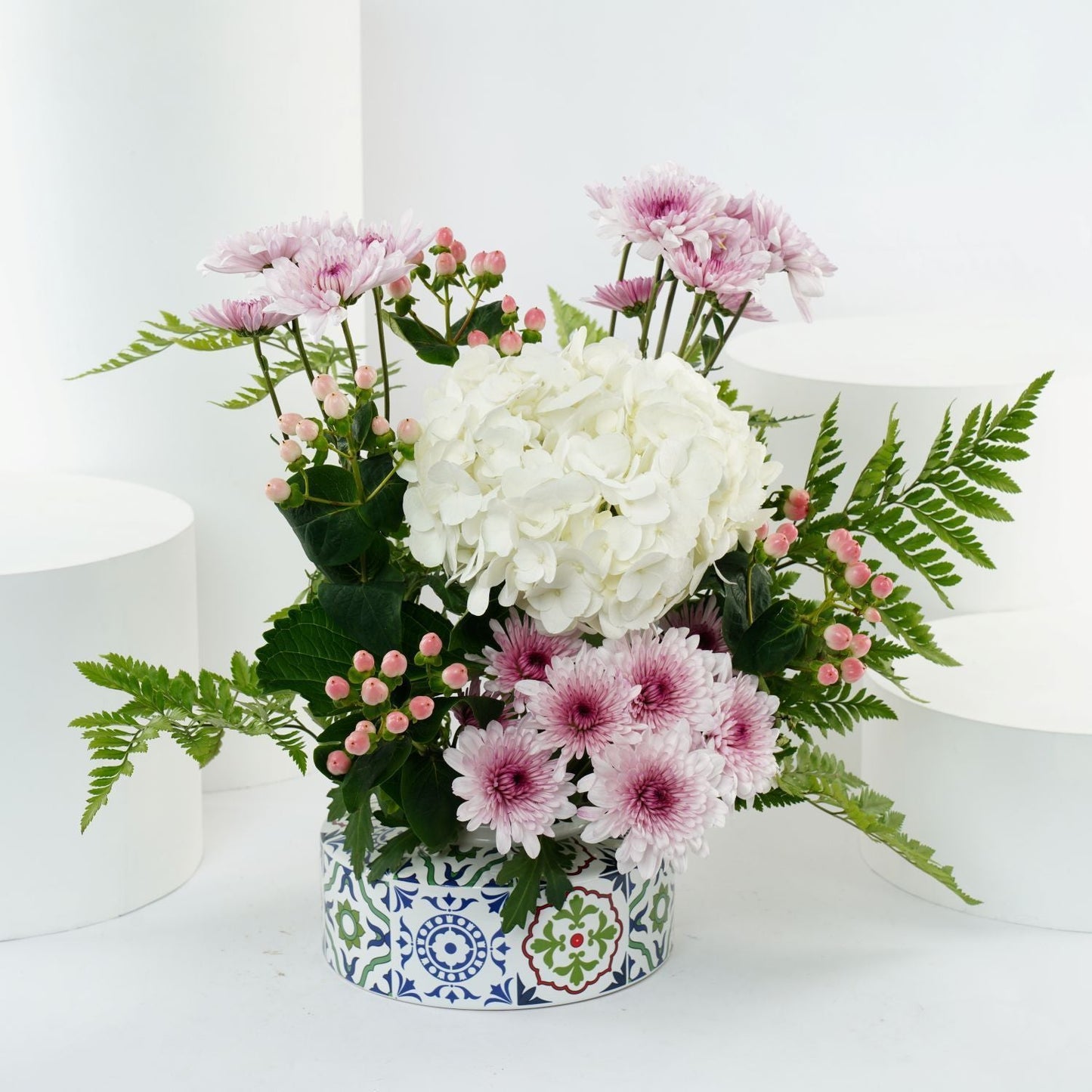 White Hydrangea n Mum Flower Vase