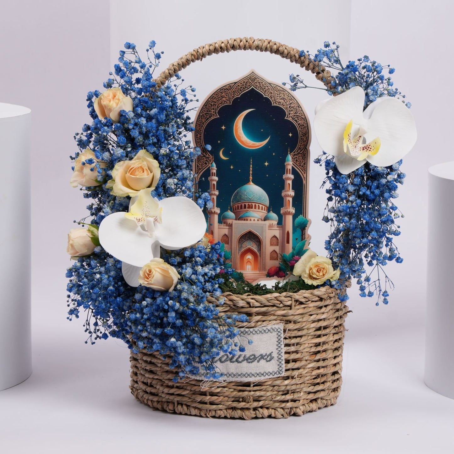 Elegant Bloom Basket with Mosque Décor