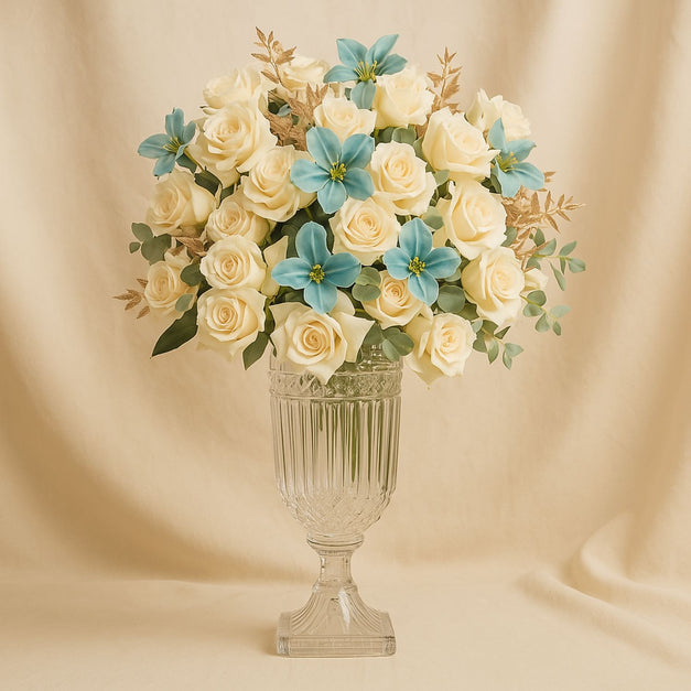 Deluxe Roses n Sky-Blue Tulips Vase
