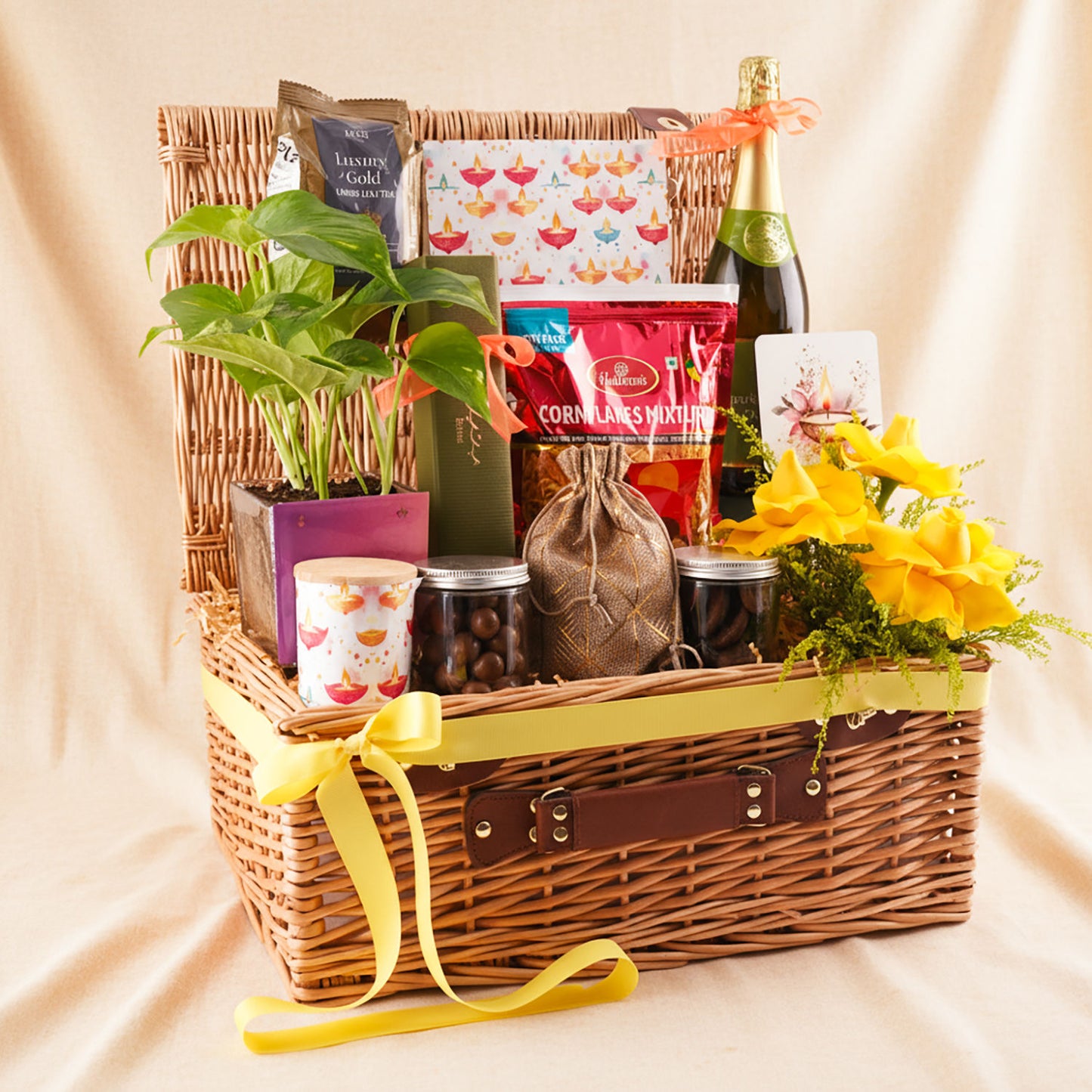 Divali Glow Bateel n Flowers Gift Hamper