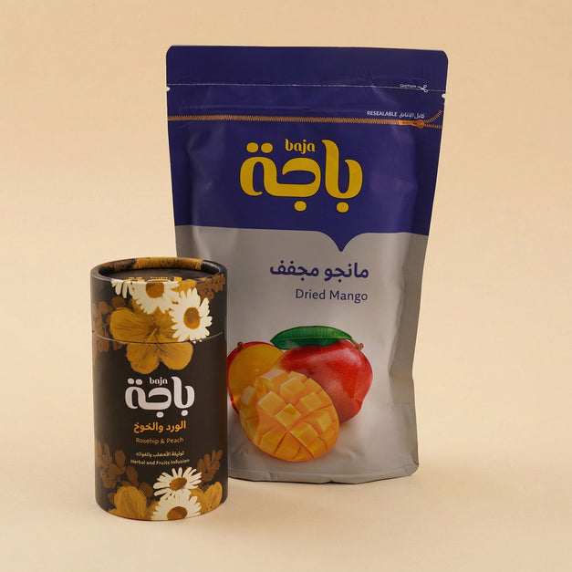 سلة ورد مع شاي الخوخ و مانجو مجفف