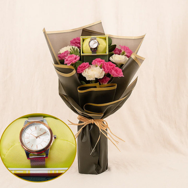 باقة ورد زهرية مع ساعة اسبيريت نسائية