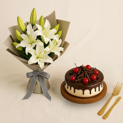 White Lily Flower Bouquet n Cake Combo