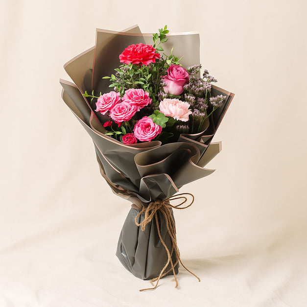 باقة ورد وردية للتخرج مع عبارة مبروك التخرج