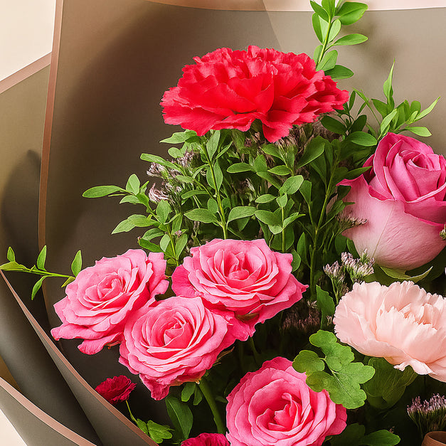 باقة ورد وردية للتخرج مع عبارة مبروك التخرج