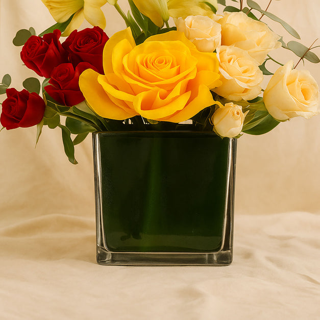 Yellow Lily n Roses Square Vase 