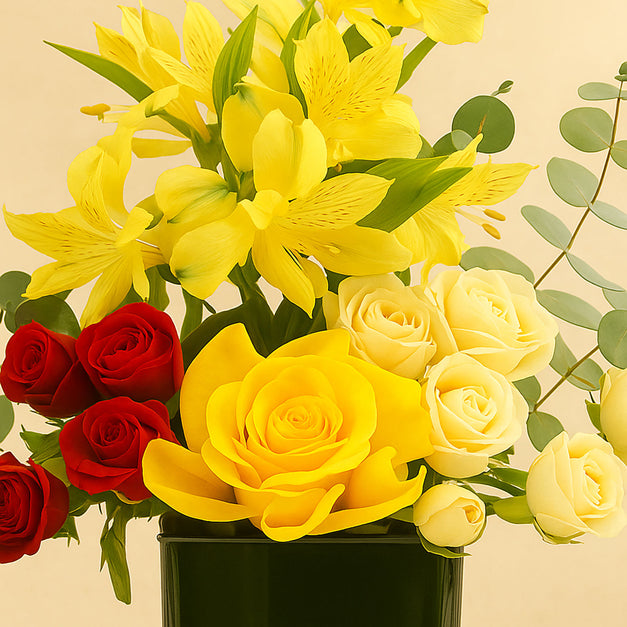 Yellow Lily n Roses Square Vase 