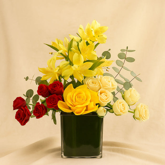 Yellow Lily n Roses Square Vase 