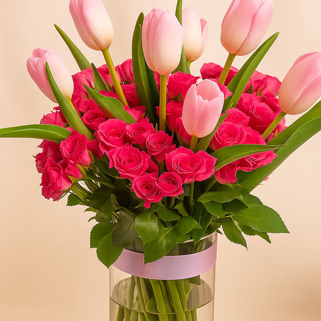 Pink Tulips & Fuchsia Roses Vase