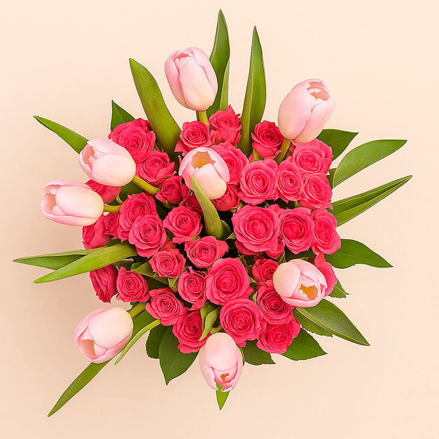 Pink Tulips & Fuchsia Roses Vase