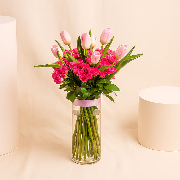 Pink Tulips & Fuchsia Roses Vase