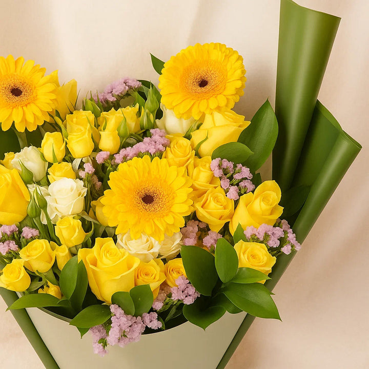 Yellow roses in a green wrapper - an elegant bouquet for Eid al-Adha