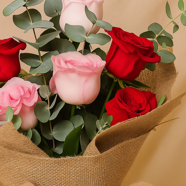 بوكيه ورد احمر ووردي - غلاف جوت طبيعي