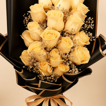 20 Peach Roses Bouquet In Black Wrap