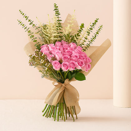 25 Pink Roses Bouquet With Eucalyptus