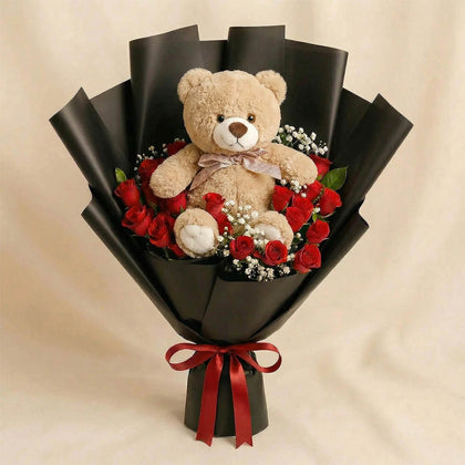 باقة ورد احمر و دبدوب ابيض