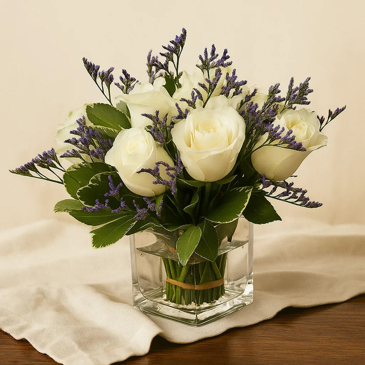 White Roses n Limonium Square Glass Vase