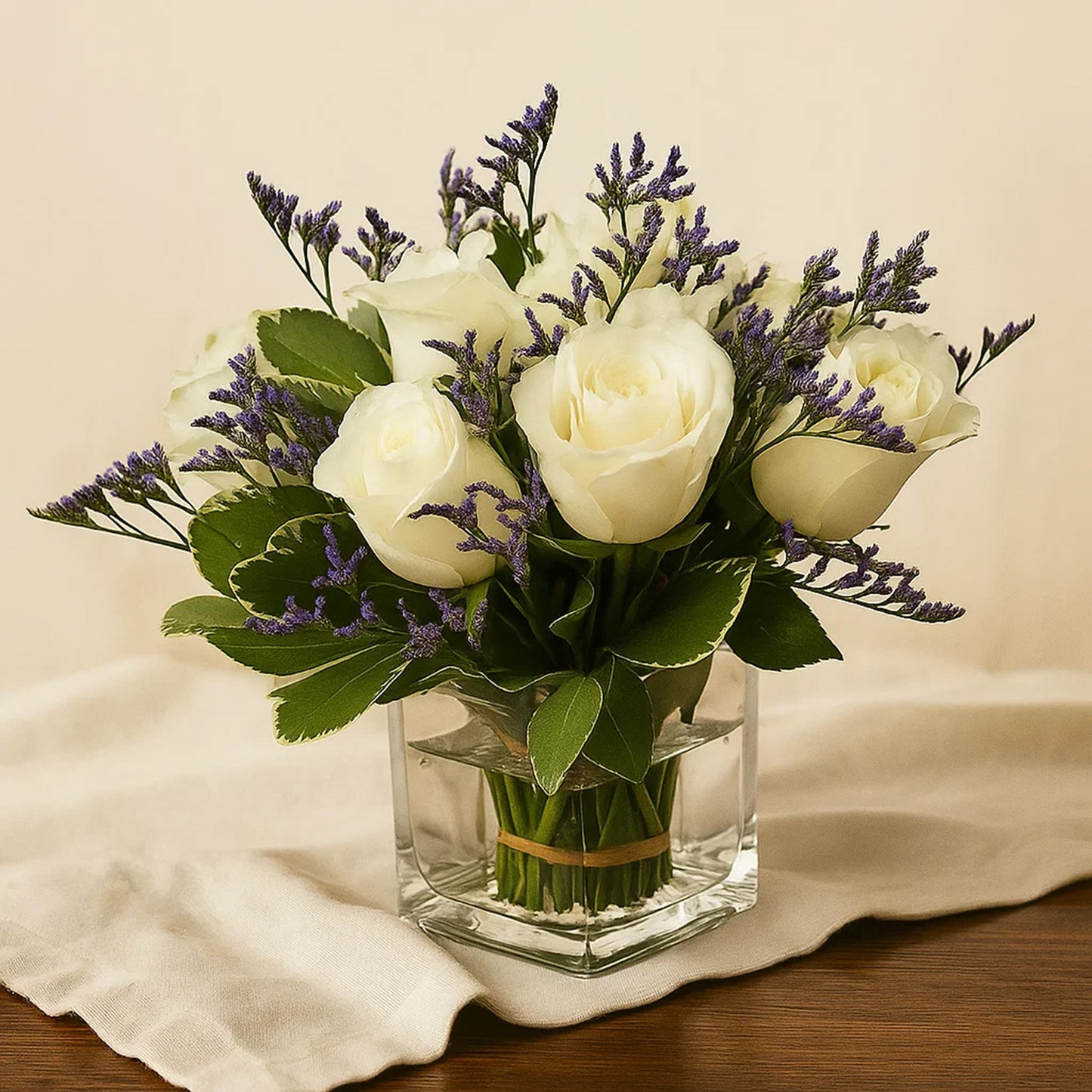White Roses n Limonium Square Glass Vase