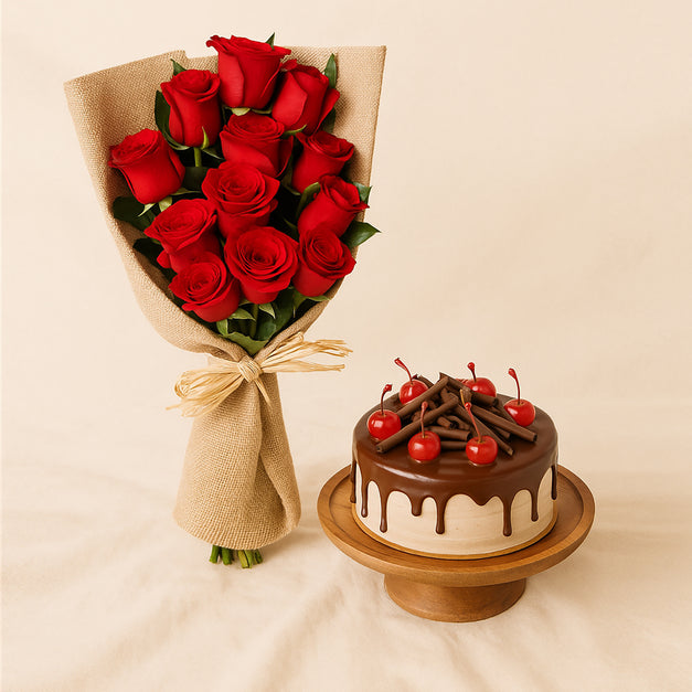 Flower Bouquet N Gourmet Black Forest Cake