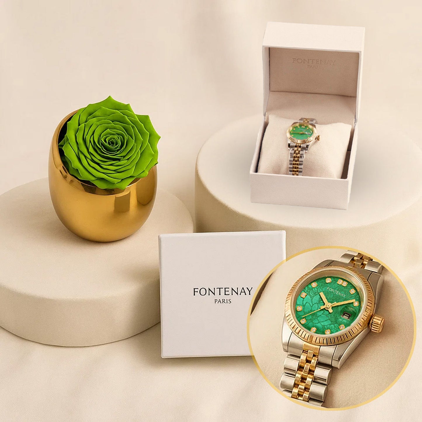 فونتيناي باريس | ساعة نسائية مينا أخضر لؤلؤي مع وردة دائمة