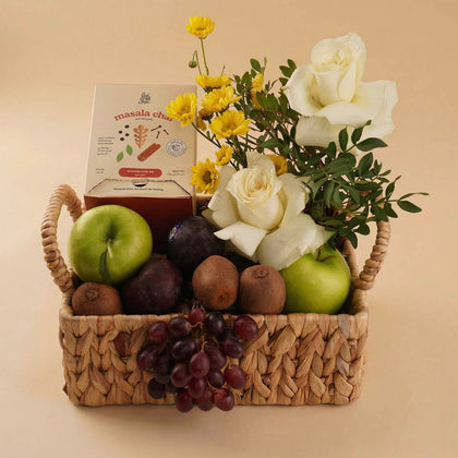 Fruit Basket with White Roses & Masala Chai