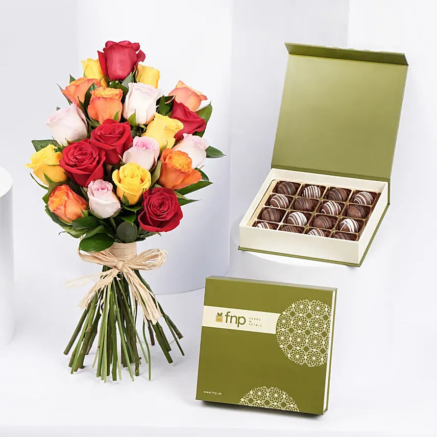 Hand-Tied Colorful Roses n Chocolate Truffles