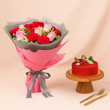 Happiness Red n Pink Roses Bouquet Combo