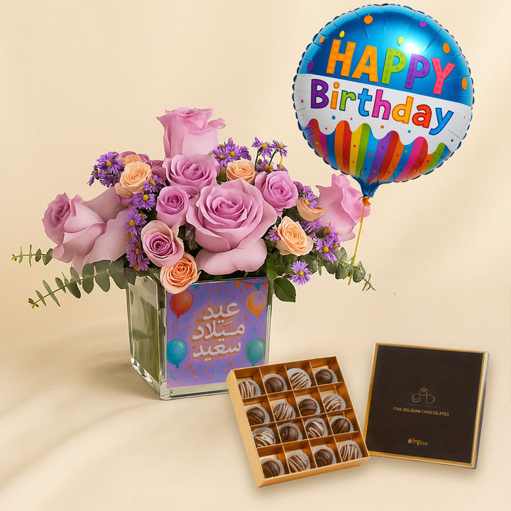 Happy Birthday Blooms With Balloon n Truffle Box